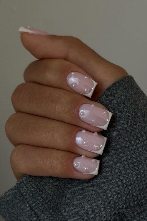 Pink French Short Square Nails - pearl finish nail idea for women over 60