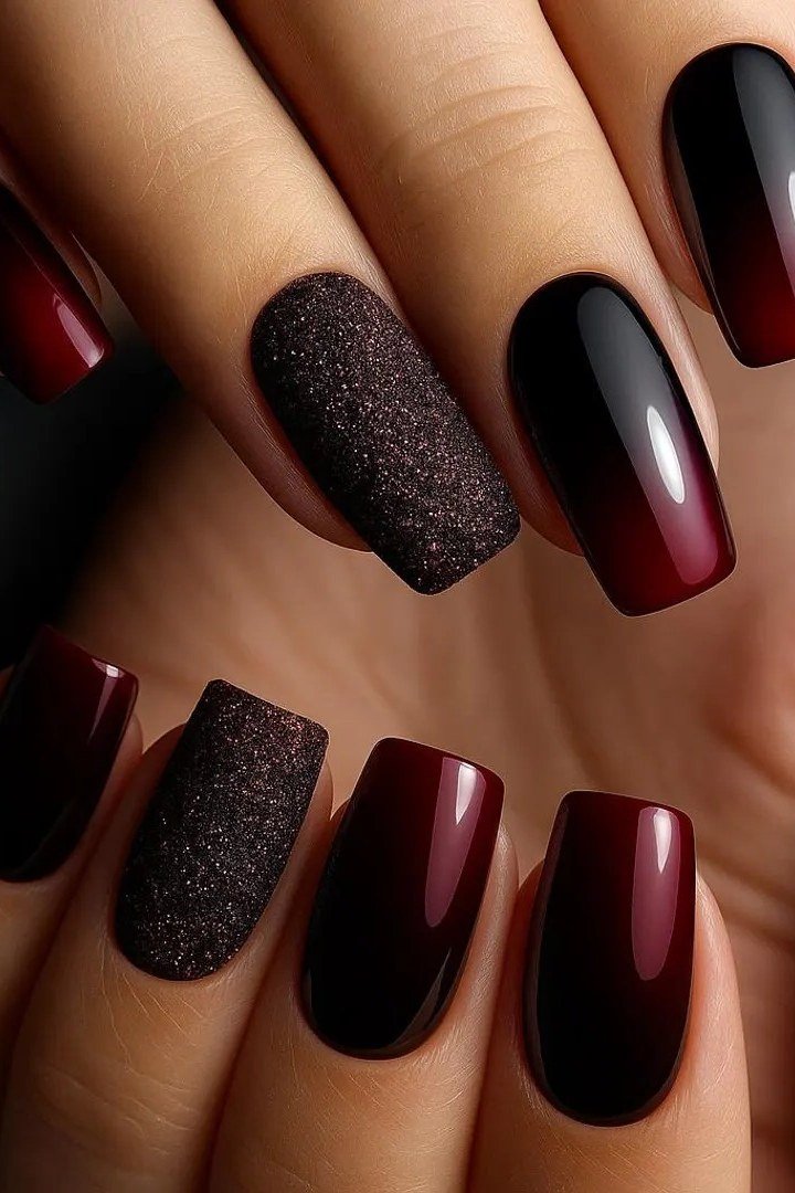 Black to burgundy ombre, burgundy fall nail idea for women over 60