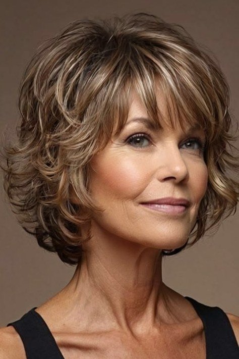 Brown curly lob with bangs three-quarter view - curly hairstyle for women over 60