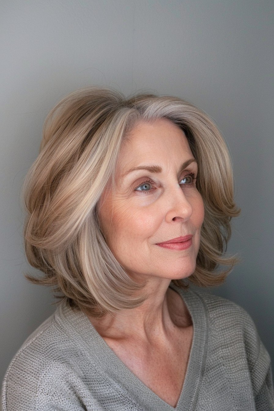 Blonde layered bob with soft waves in three-quarter view for women over 60