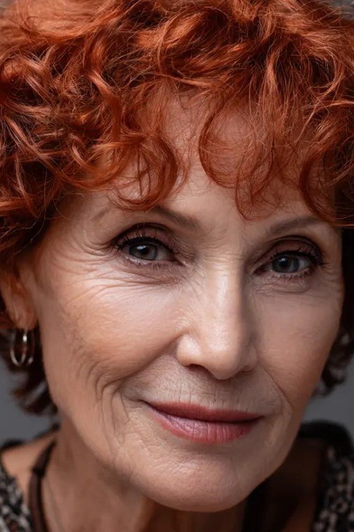 Rich red curly lob, front view, mature woman