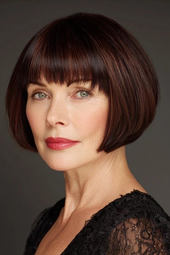 Dark auburn bob with bangs for women over 60