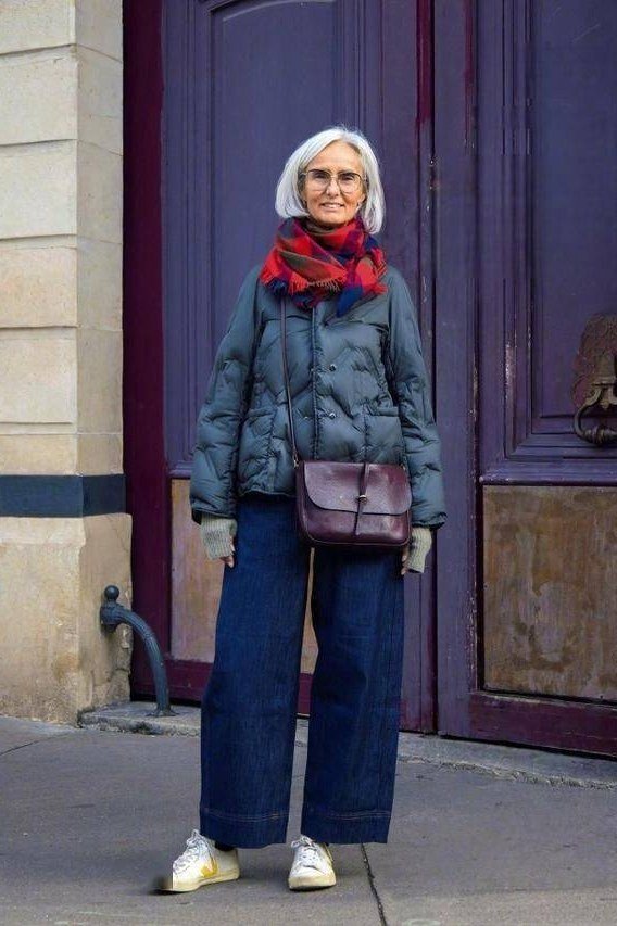 Blue-gray quilted jacket with red scarf outfit for women over 60