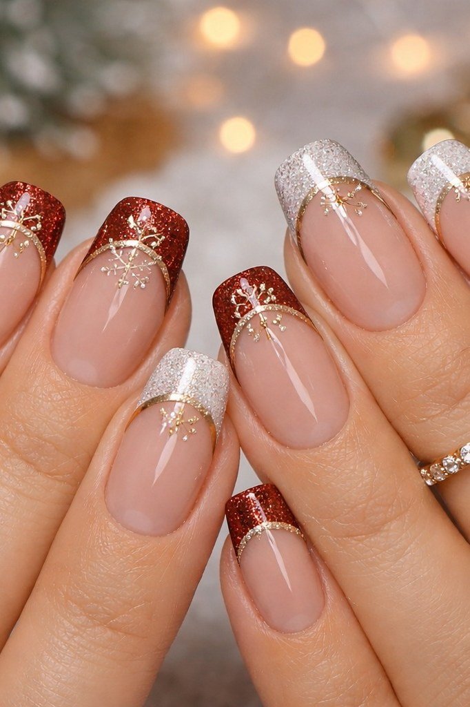 Red and Burgundy Nails with Gold Glitter French Tips, fun winter nail idea for women over 60