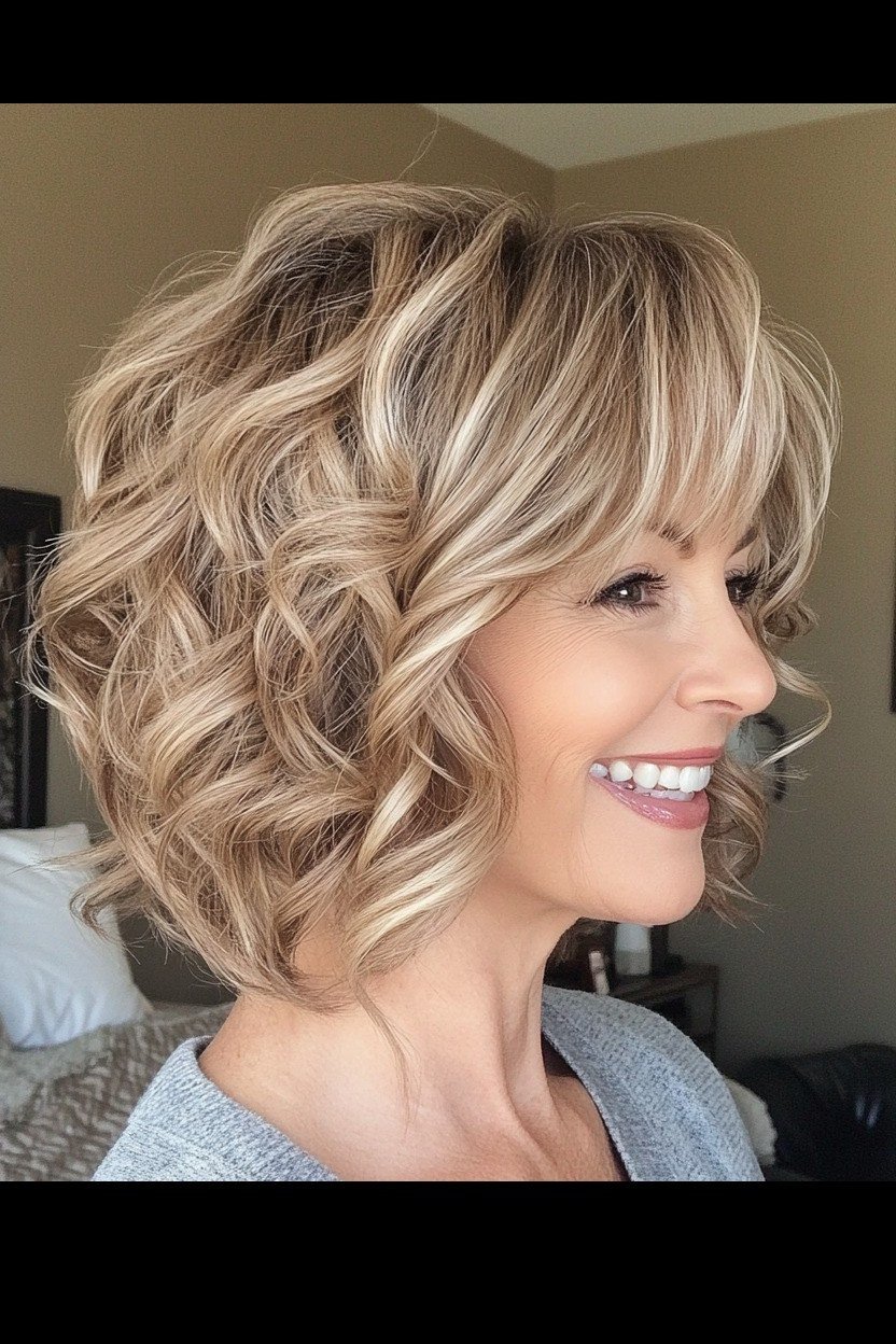 Blonde Curly Bob - trendy layered bob hairstyle for women over 50