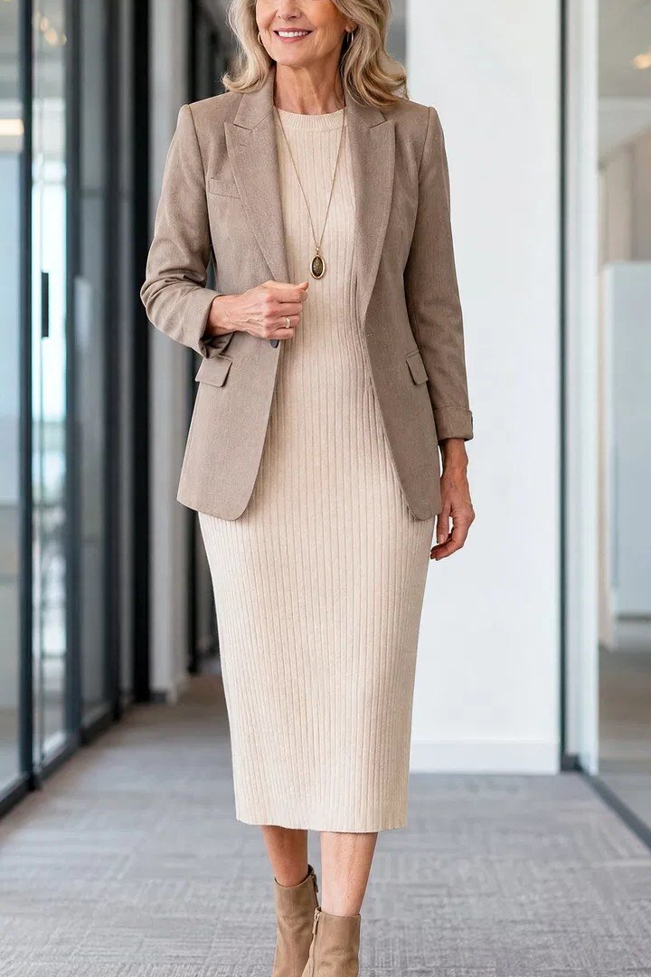 Work outfit for women over 40: taupe blazer with cream ribbed knit dress