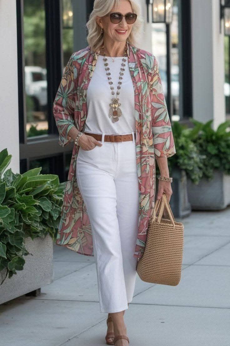 printed kimono jacket with white top and white jeans, glamorous casual outfit for women over 50
