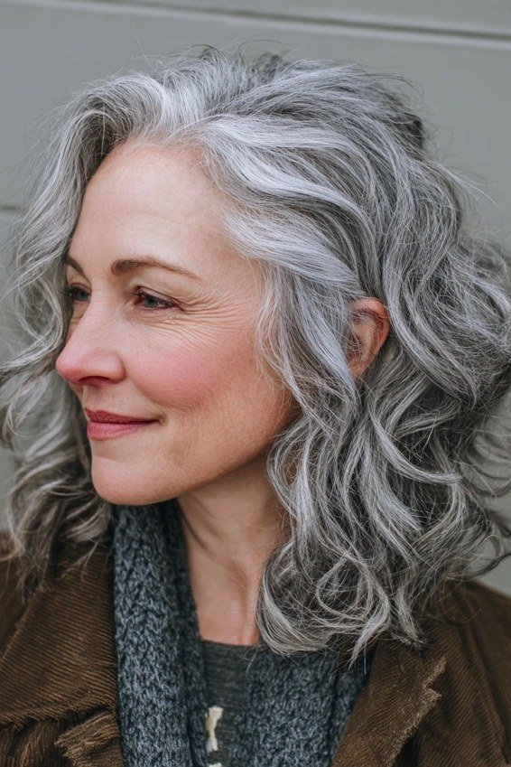 Gray curly bob haircut for women over 50