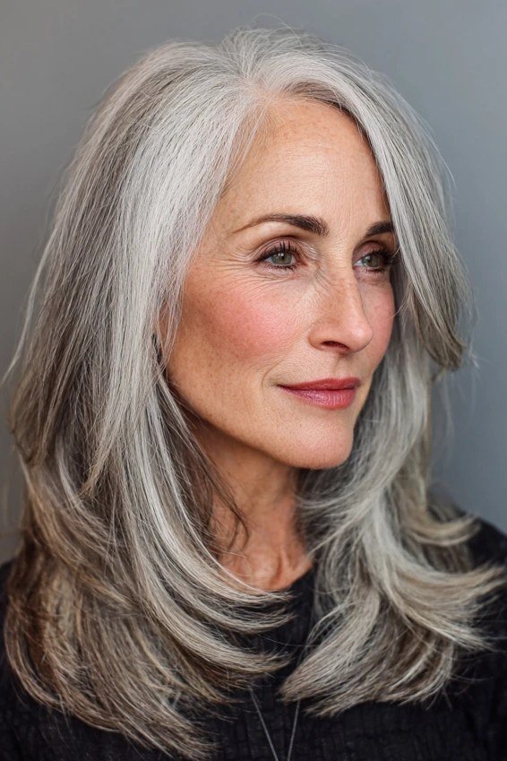 Flowing silver layered medium-length hairstyle with shine, front side view, for women over 50