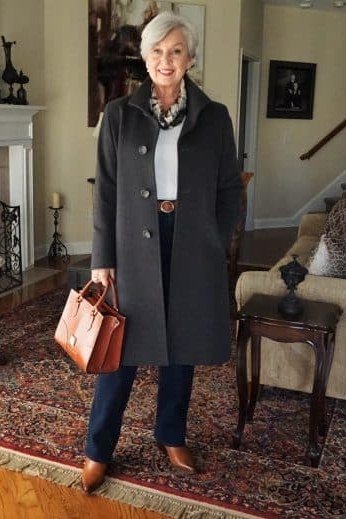 Black Wool Coat with Dark Denim, classy outfit for women over 60