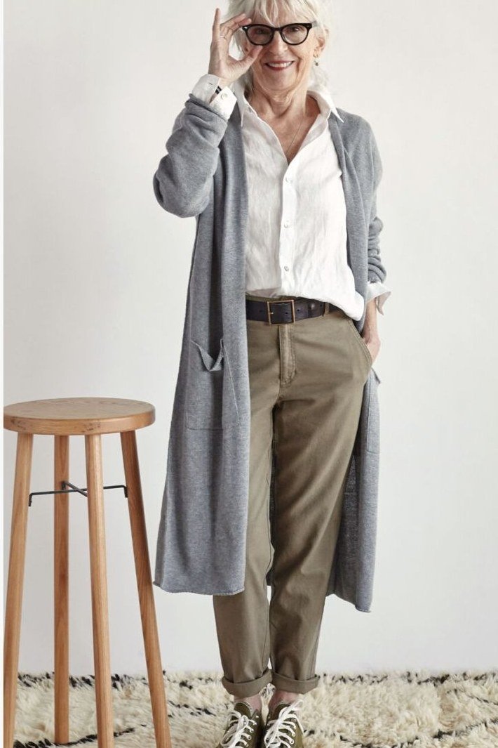 Grey duster cardigan over white shirt with olive trousers, cozy sweater outfit idea for women over 70