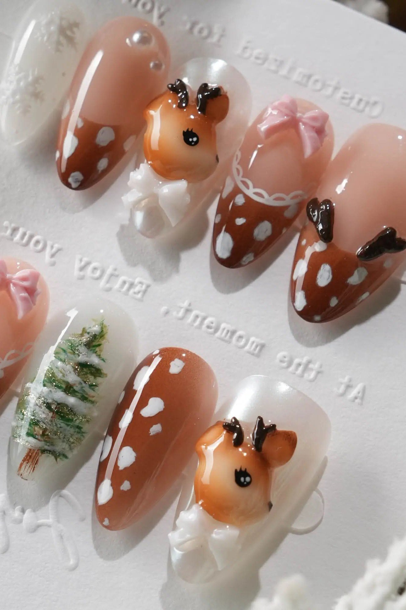 Brown spotted press-on nail set with 3D deer charms