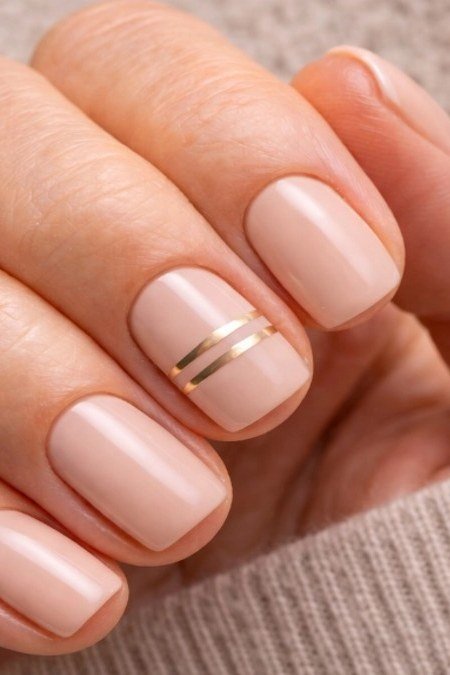 Nude Nails with Double Gold Stripes for women over 70