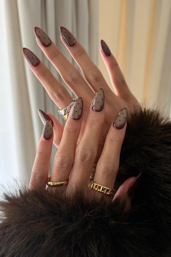 taupe polka dot nails styled with winter fur cuff