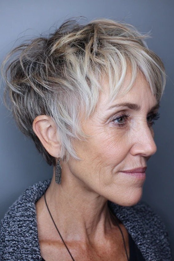 white piecey layered pixie for women over 50 side view