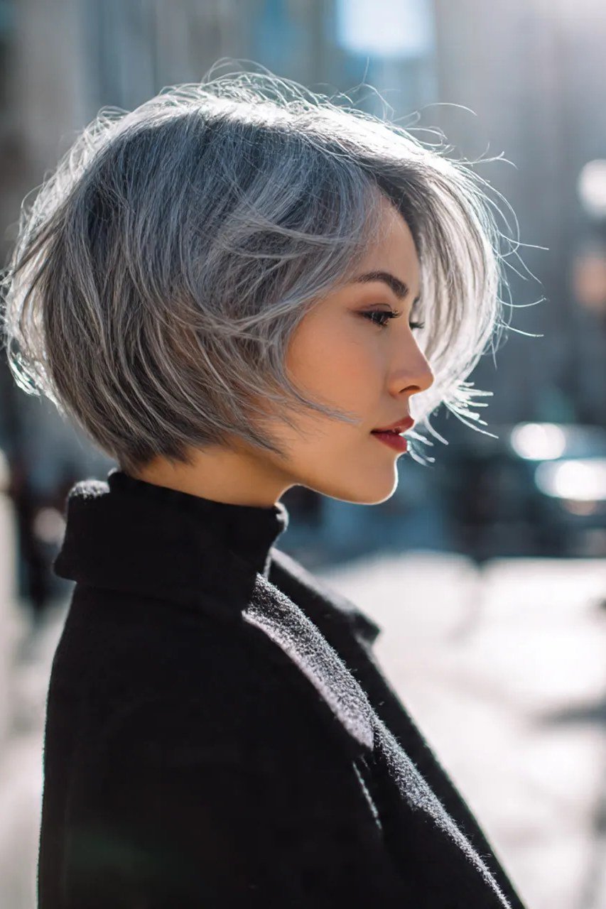 Tapered silver french bob with side part and black turtleneck