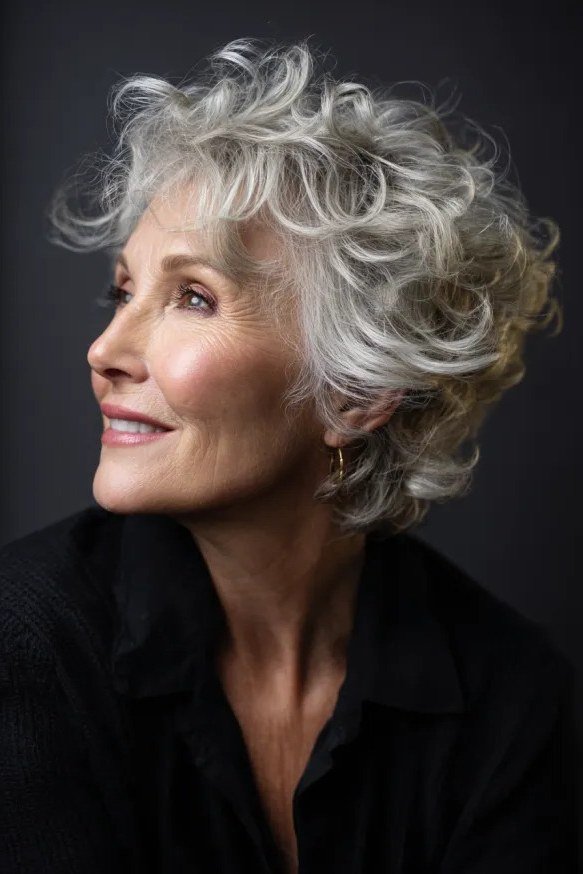White Curly Bob With Lift - short curly hairstyle for women over 60