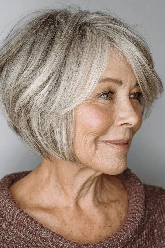 Soft layered bob haircut for women over 60