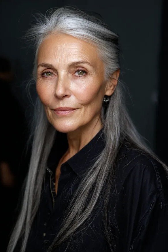 Very Long Straight Silver Hair - grey hairstyle for women over 60