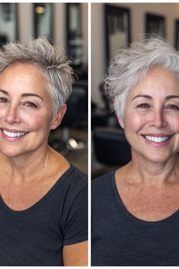 White spiky textured pixie, front two-panel views for women over 60