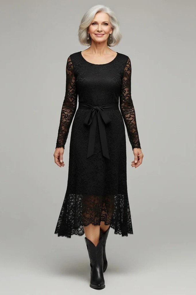 black lace midi dress with boots for women over 60