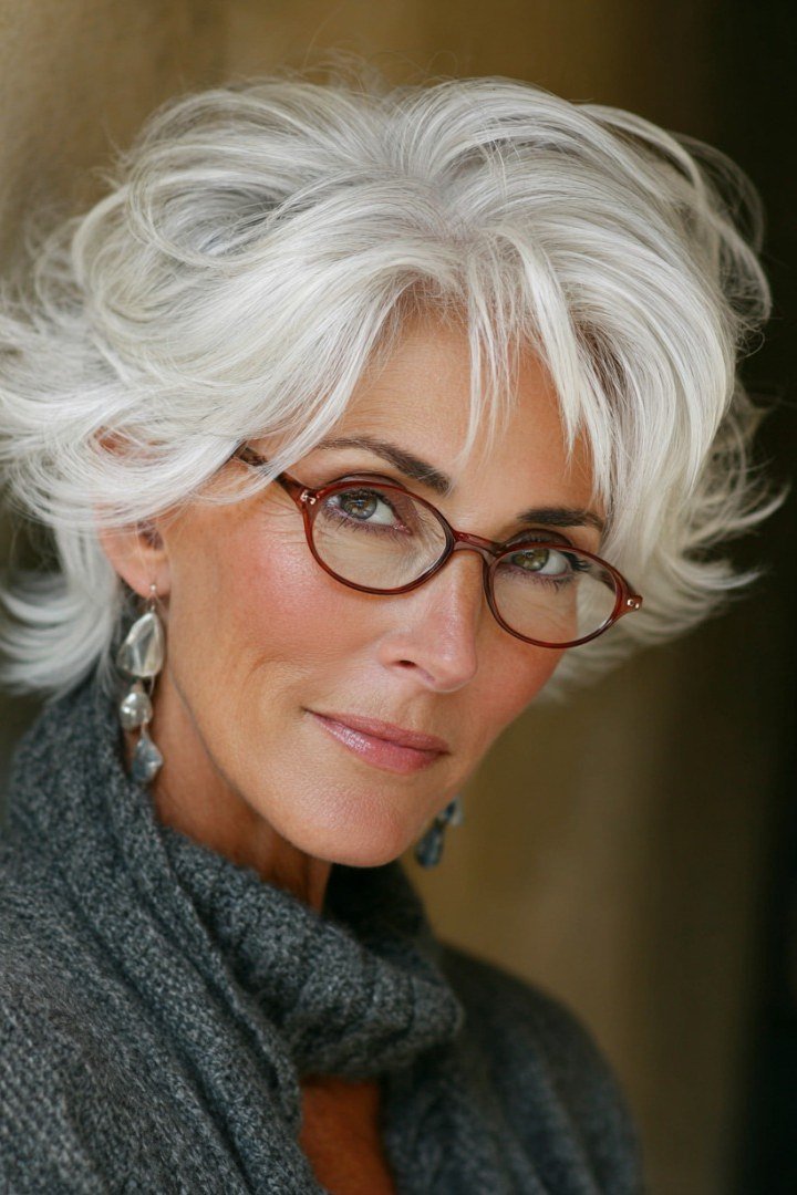 Voluminous white shag with glasses for women over 60