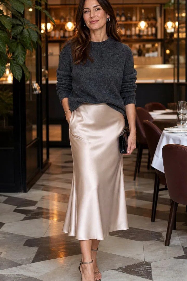 Charcoal knit sweater with a champagne satin midi skirt and strappy heels, evening weekend outfit for women over 40
