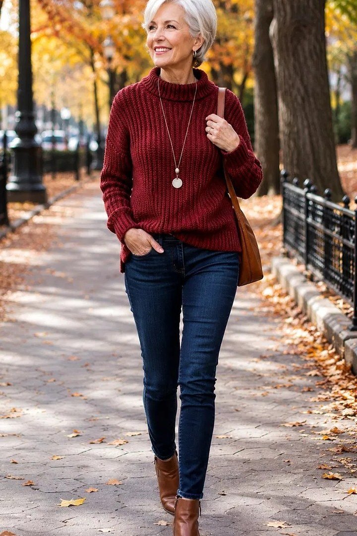 Burgundy turtleneck with dark skinny jeans, brown ankle boots and brown handbag