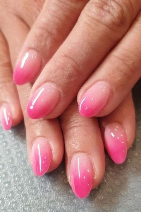 Hot pink ombre, medium nails, glossy, ombre nail design for women over 60