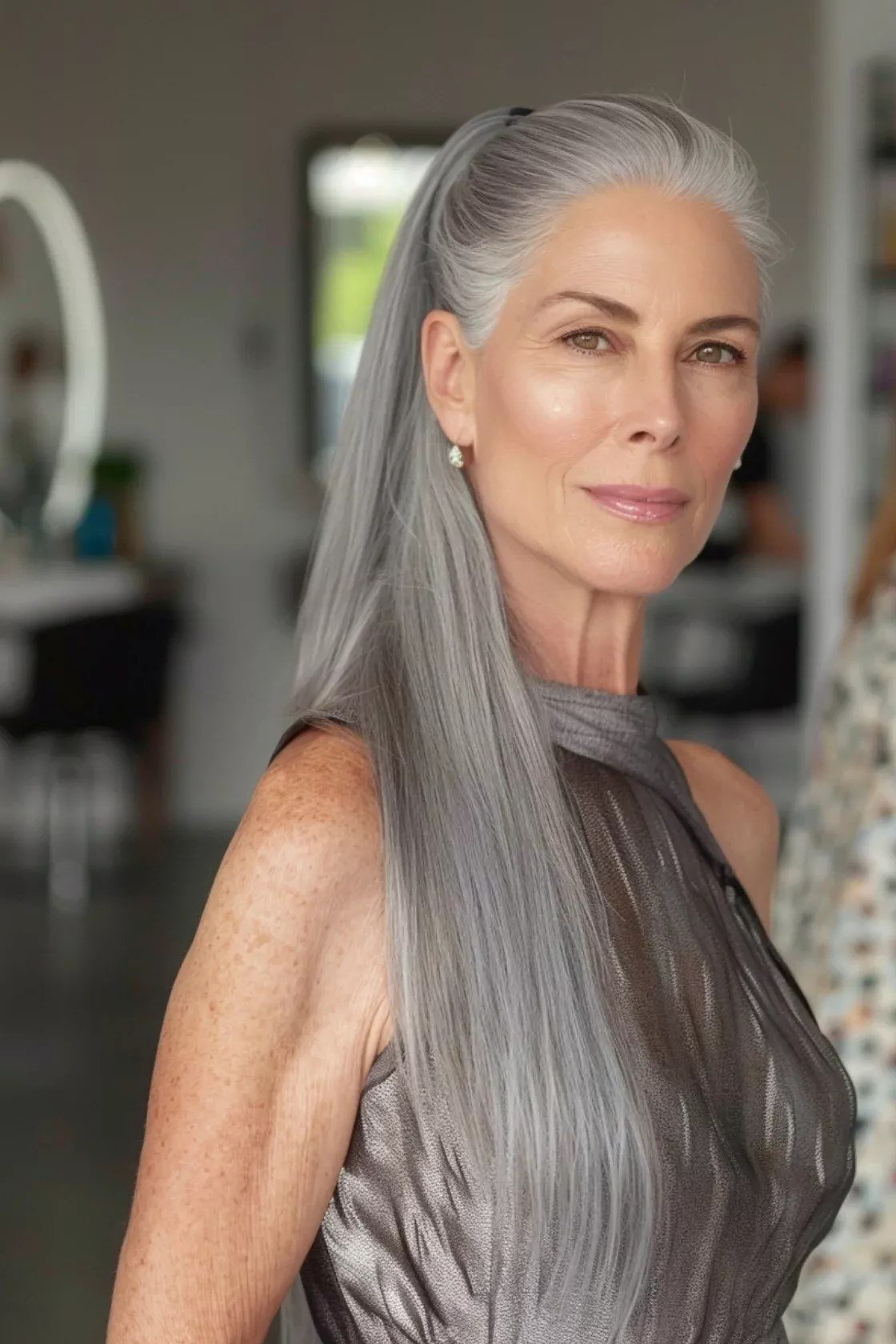 Long straight silver hair with glasses for older women