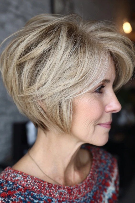 Choppy bob hairstyle for women over 60: blonde bob side patterned top