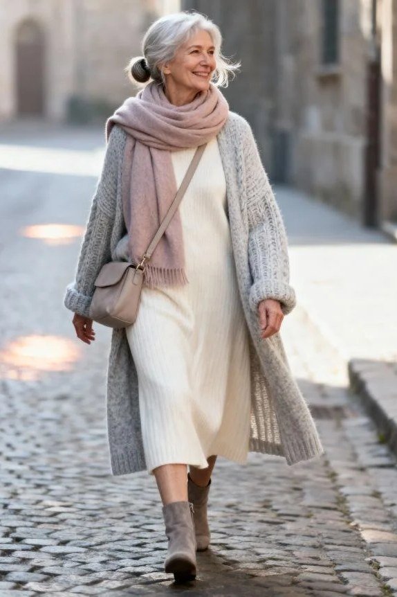 Stylish winter outfit for women over 60: gray coat over cream dress with pink scarf on a cobblestone street