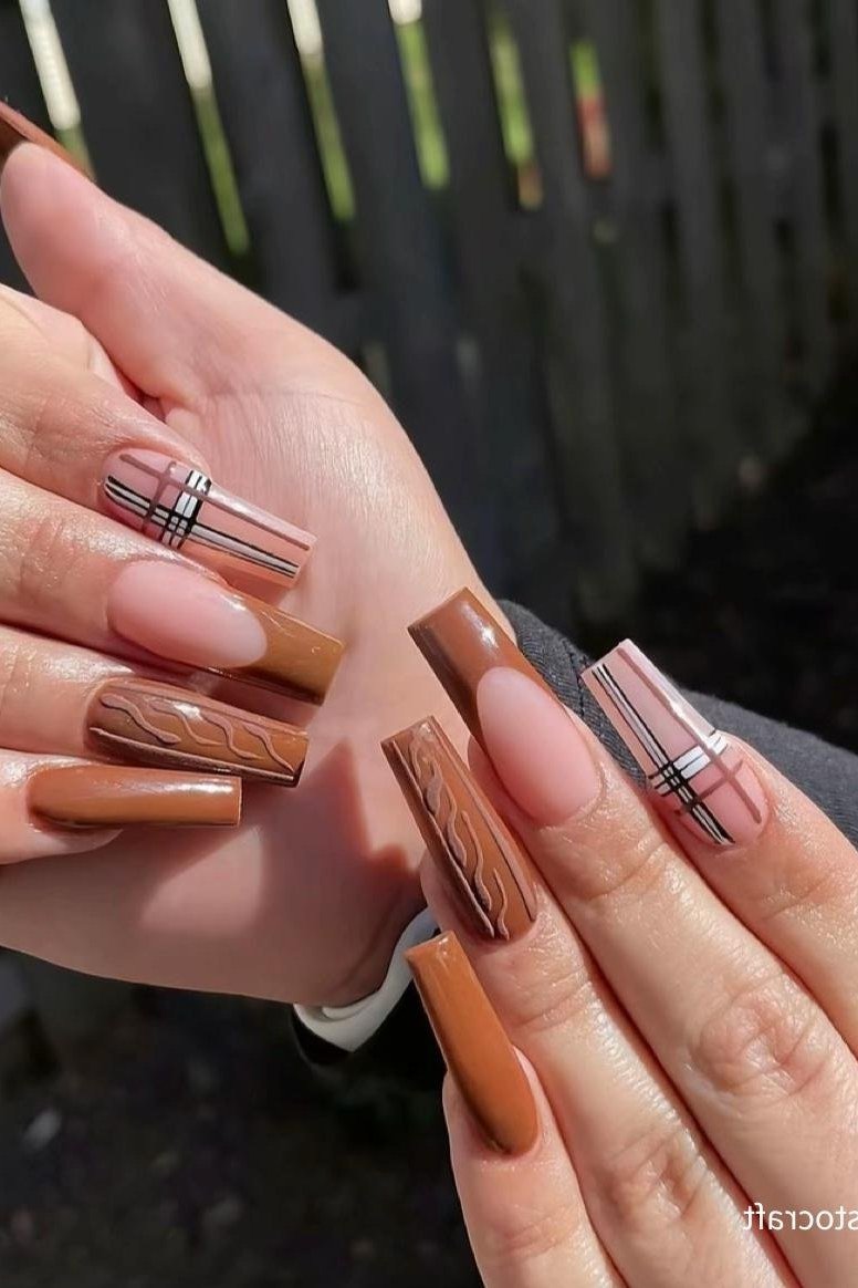 Brown gel nails with plaid and knit sweater nail art, cozy fall manicure