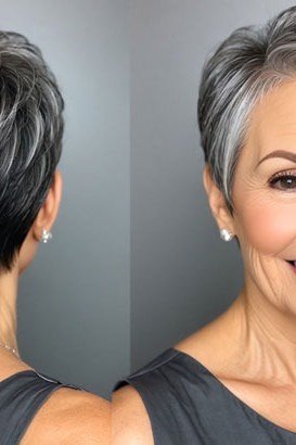 Grey brown shag haircut for women over 70, mini collage