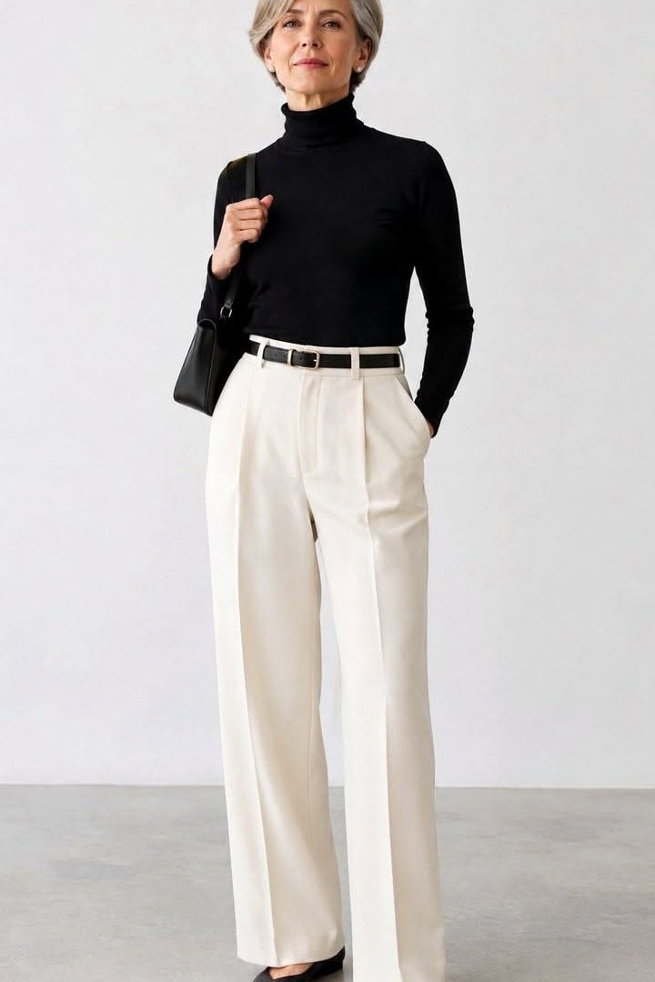 Woman over 50 wearing a black turtleneck with cream wide leg trousers