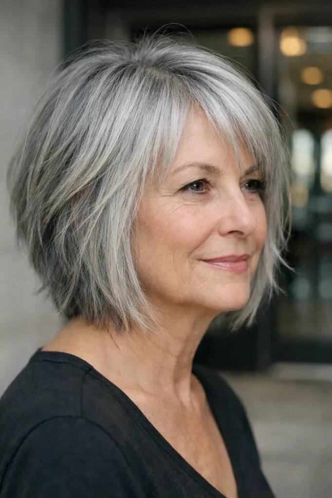 Gray shaggy bob with bangs for women over 60, front view
