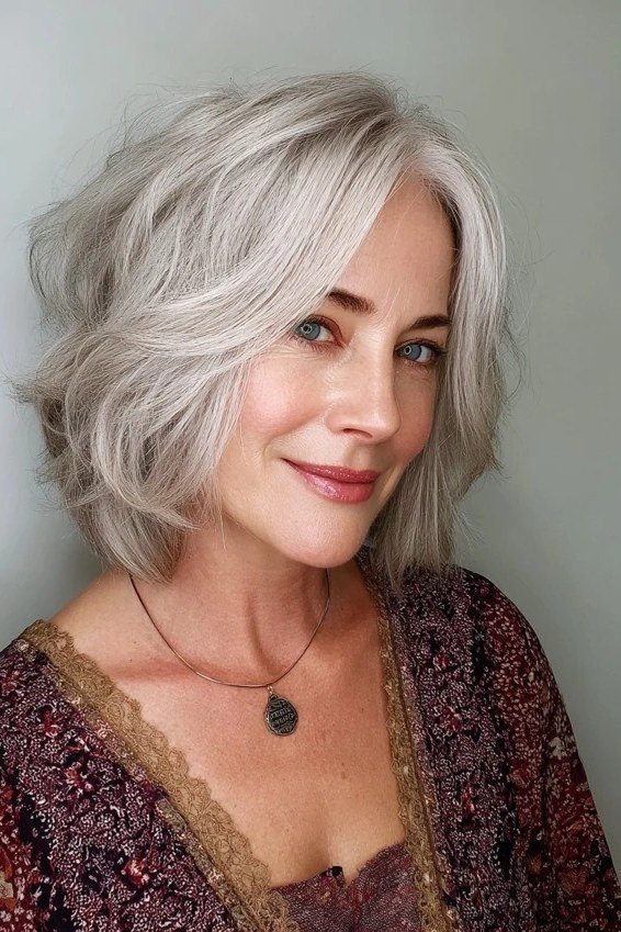 Silver shaggy bob with feathered layers - trendy short haircut for older women with fine hair