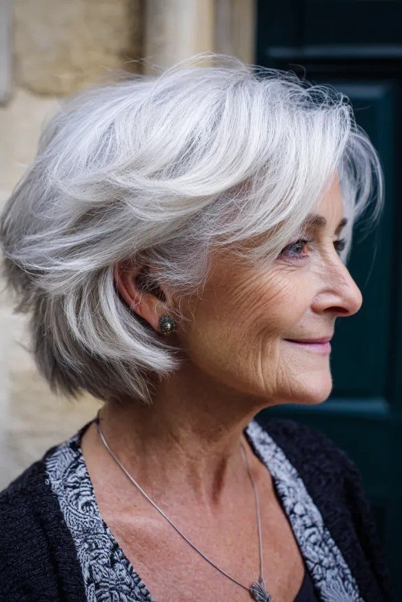 shaggy silver bob with layers, side view