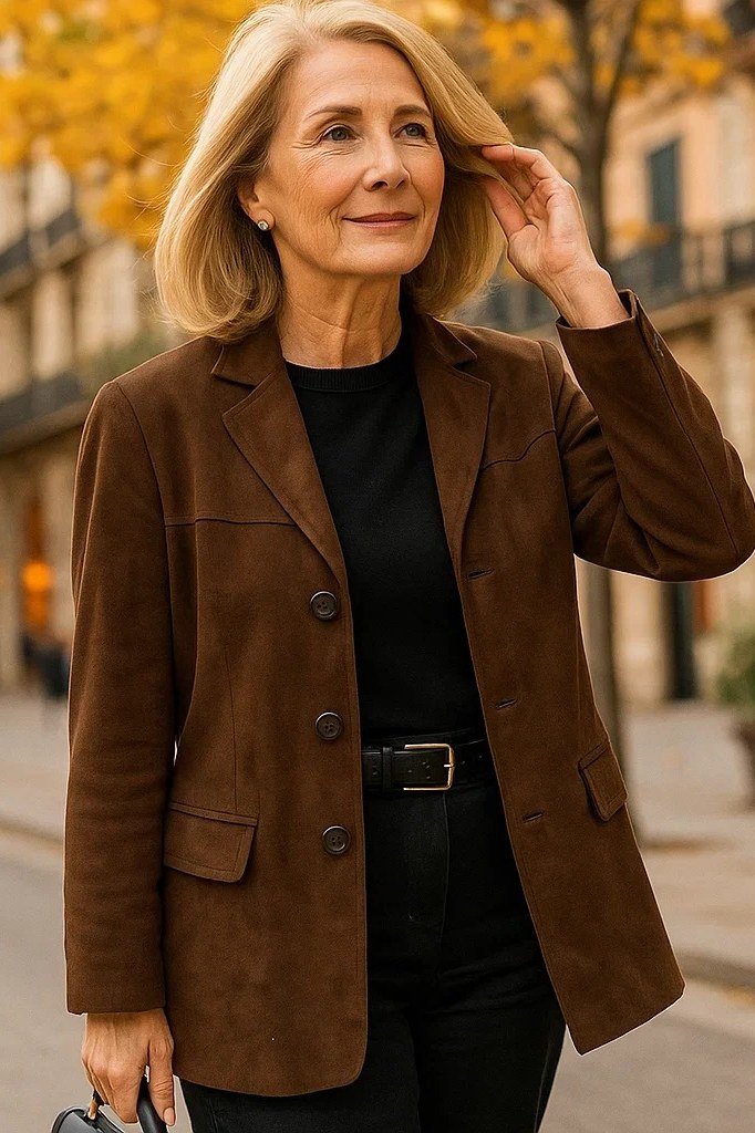 Brown suede blazer with black top and trousers for women over 60