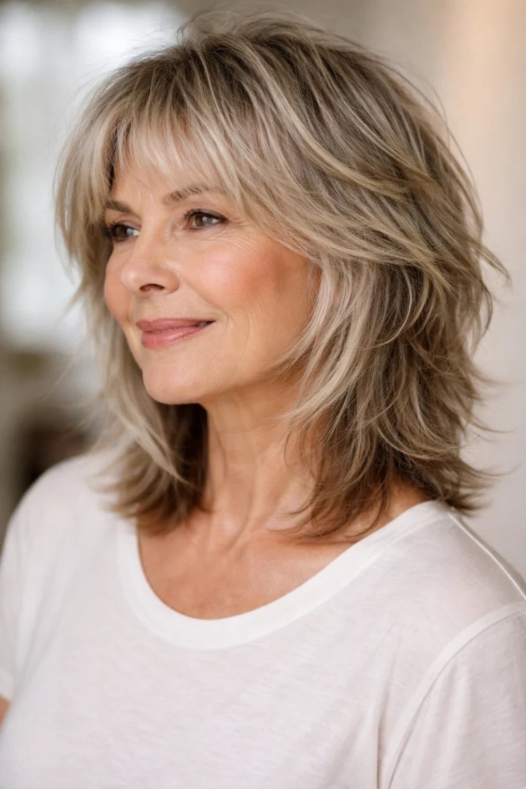 Blonde shaggy lob, side view, woman in her 60s