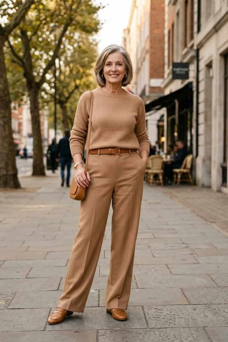Tan turtleneck with tan wide-leg trousers for women over 50