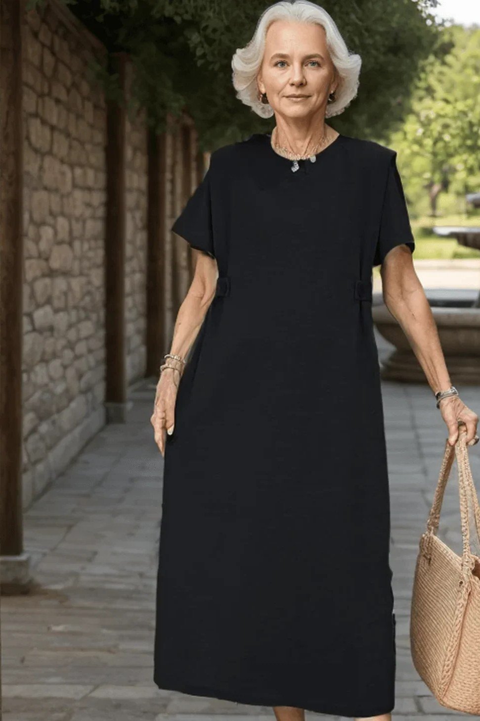 Black short-sleeve maxi dress for women over 50
