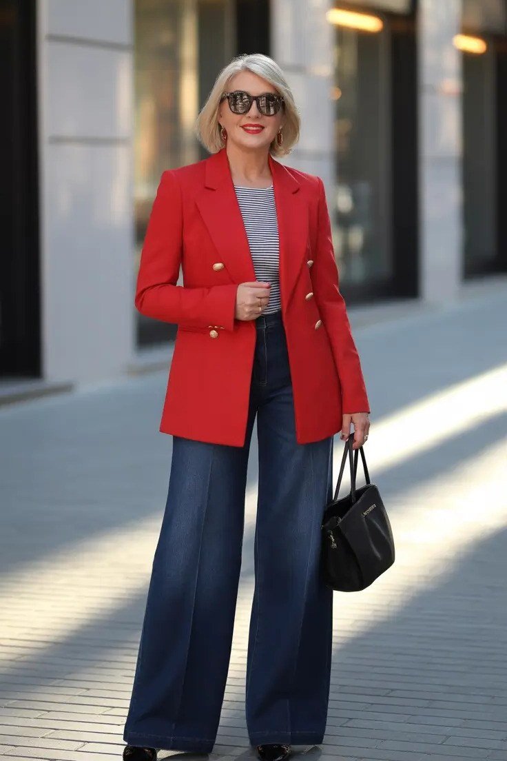 Older woman in red double breasted blazer and dark wide leg jeans