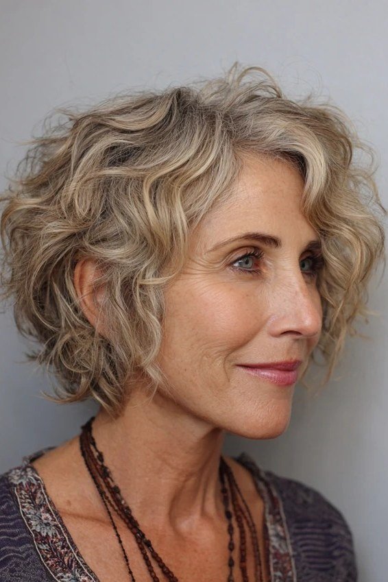Sandy blonde wavy bixie haircut front view for women over 60