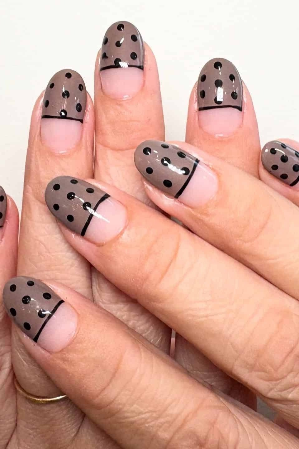 Nude Nails with Brown Polka Dot French Tips - brown nail idea for women over 50