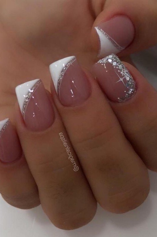 Grey Pink with Silver Glitter French Tips - short nude nail idea for women over 50
