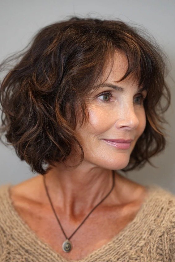 Textured Brunette Curly Shag with Bangs - medium shag haircut for women over 40
