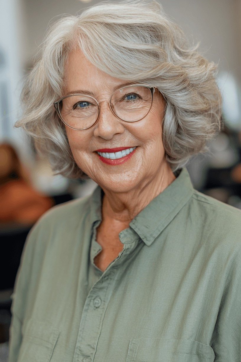 Wavy Gray Bob with Glasses - sassy hairstyle for older women