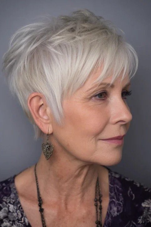 White Pixie with Purple Top - bold edgy pixie haircut for women over 50