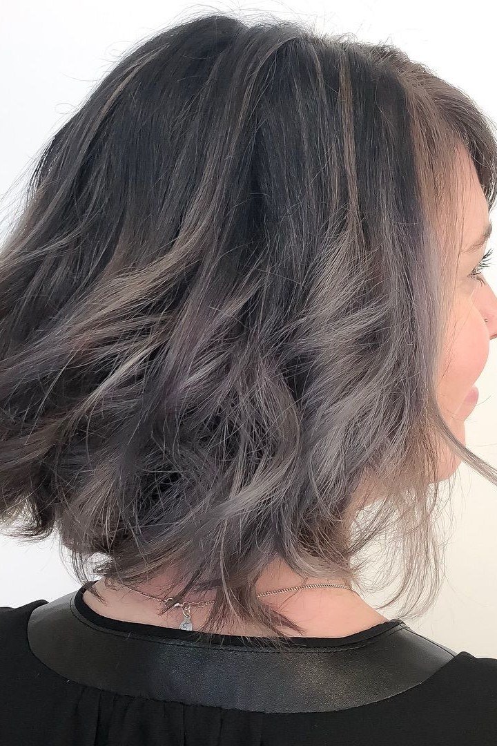 Silver-Purple Wavy Layered Lob - layered lob hairstyle for women over 60